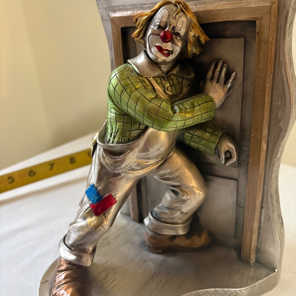 Mida Argenti Italian Pewter Clown Bookend Figurine Silver Green 8.5"